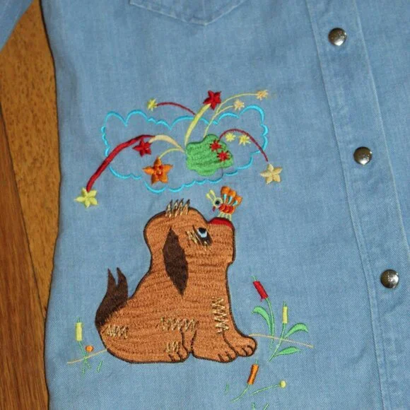 Vtg Penney's International Imports Embroidered Dog Girl Denim Jeans Shirt Set